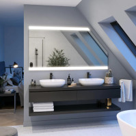 Illuminated mirror with 2 horizontal LED strips for attics