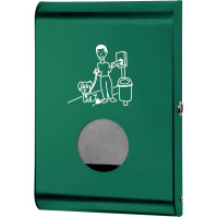 Green dispenser for dog waste bags for a clean community. Easy to use and practical.