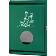 Green dispenser for dog waste bags for a clean community. Easy to use and practical.