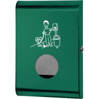 Green dispenser for dog waste bags for a clean community. Easy to use and convenient.