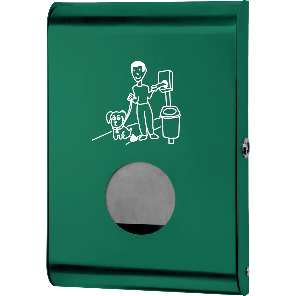 Green dispenser for dog waste bags for a clean community. Easy to use and practical.