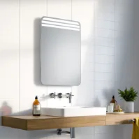 Mirror with rounded corners and triple LED for optimal lighting.