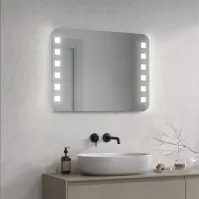 Mirror with rounded corners and square LED points. Perfect for bathroom lighting.