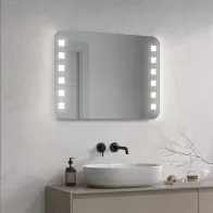 Mirror with rounded corners and square LED points. Perfect for bathroom lighting.
