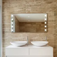 Designer mirror with rounded corners, square LEDs and suitable for bathrooms