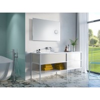Mirror with makeup area and backlit LED lighting.