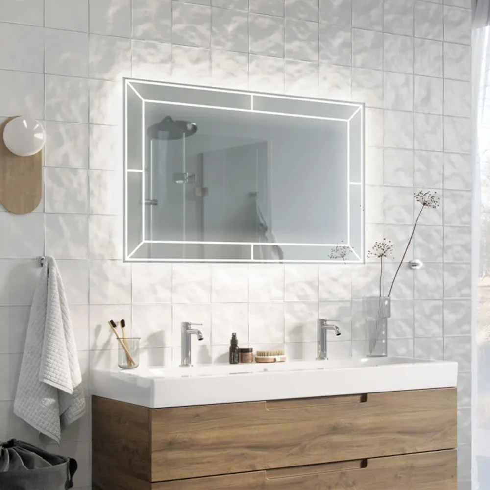 Rectangular mirror with illuminated frame for a unique shine.