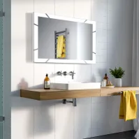 LED rectangular mirror with luminous decor embedded in the glass