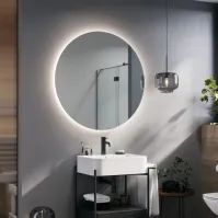 Round backlit mirror with integrated LED on glass