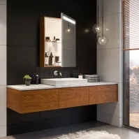 Custom-made bathroom cabinet made of raw wood