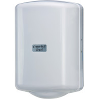 Robust plastic dispenser for centre-feed rolls.