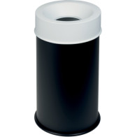Feuerfester Mülleimer 50L schwarz mit weißem, gesichertem Deckel.