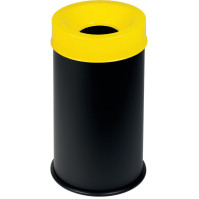 Black fireproof bin 50L with secure yellow lid.