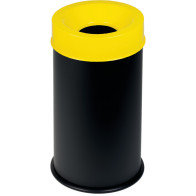 Feuerfester schwarzer Mülleimer 50L mit gesichertem gelbem Deckel.