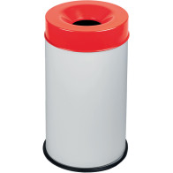Weiße feuerfeste Mülltonne mit rotem Deckel, 50L, gesichert.