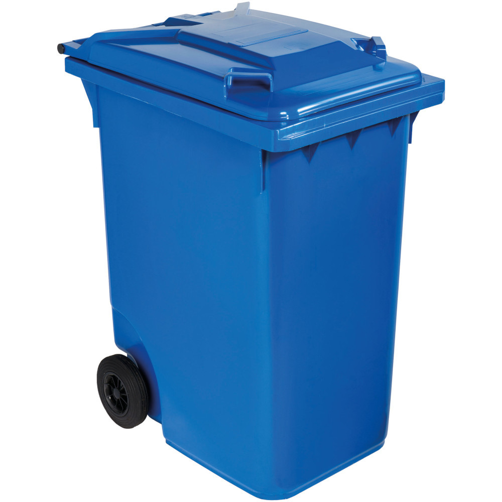 Große blaue Mülltonne mit Rollen, 360 Liter Fassungsvermögen Große blaue Mülltonne mit Rollen, 360 Liter Fassungsvermögen