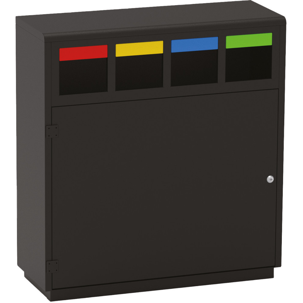 Practical piece of furniture for selective sorting 4 compact colored streams Practical piece of furniture for selective sorting 4 compact colored streams