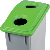 90L gray plastic bin with green lid for cups