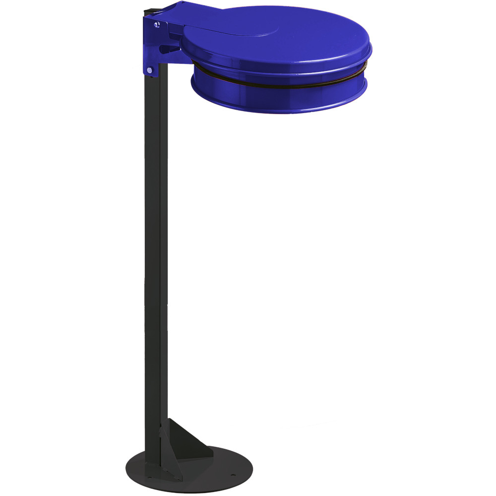 Blue trash bag holder on practical metal base Blue trash bag holder on practical metal base