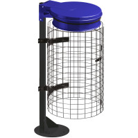 Blue trash bag holder on base with metal grid