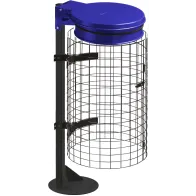 Blue trash bag holder on base with metal grid