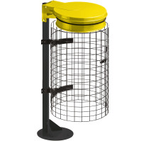 Yellow trash bag holder on metal grid base