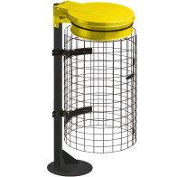 Yellow trash bag holder on metal grid base