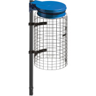 Blue sealable trash bag holder with integrated grid.