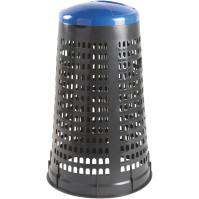 Gray trash can with blue lid for bag.