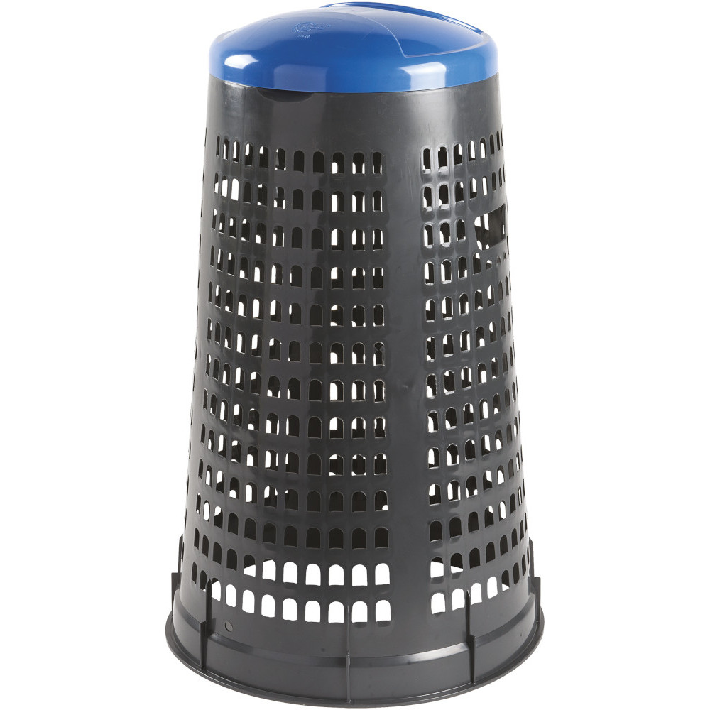 Gray trash can with blue lid for bag. Gray trash can with blue lid for bag.