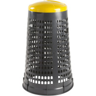 Gray trash can with yellow lid for trash bag