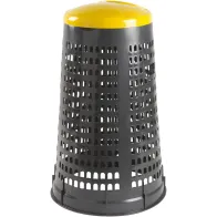 Gray trash can with yellow lid for trash bag