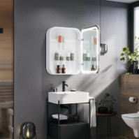 Corner mirror cabinet with single rounded door