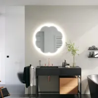 Round mirror with flower decoration and LEDs