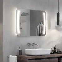 Rectangular LED mirror with rounded corners and brackets