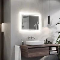 Rectangular mirror with wide LED strips and decor