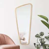 Distorted vertical mirror with natural wood frame
