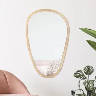 Distorted mirror with natural wood frame