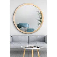 Round mirror with natural wood frame
