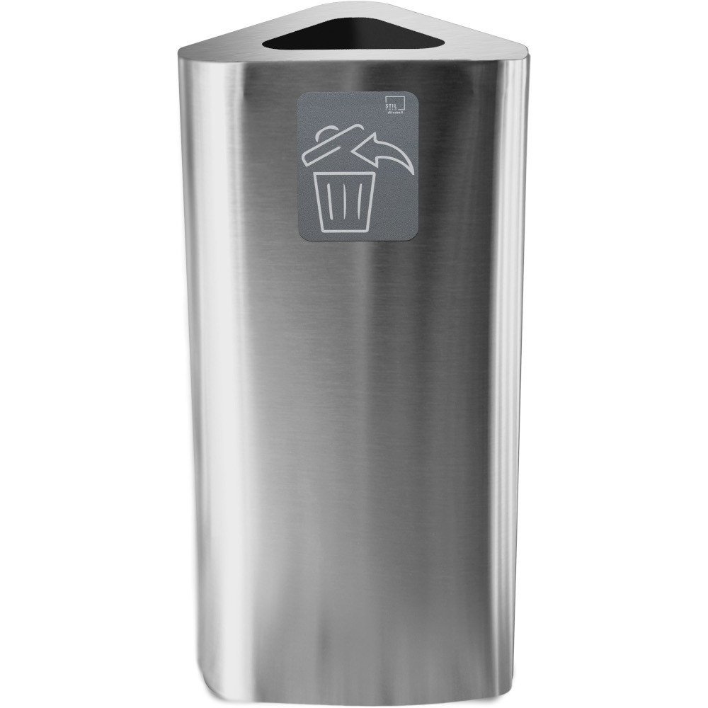 60-litre stainless steel triangular bin with magnetic pictogram.