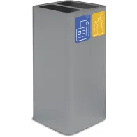 Grauer Design-Abfalleimer mit 100 Litern Fassungsvermögen und magnetischen Piktogrammen.