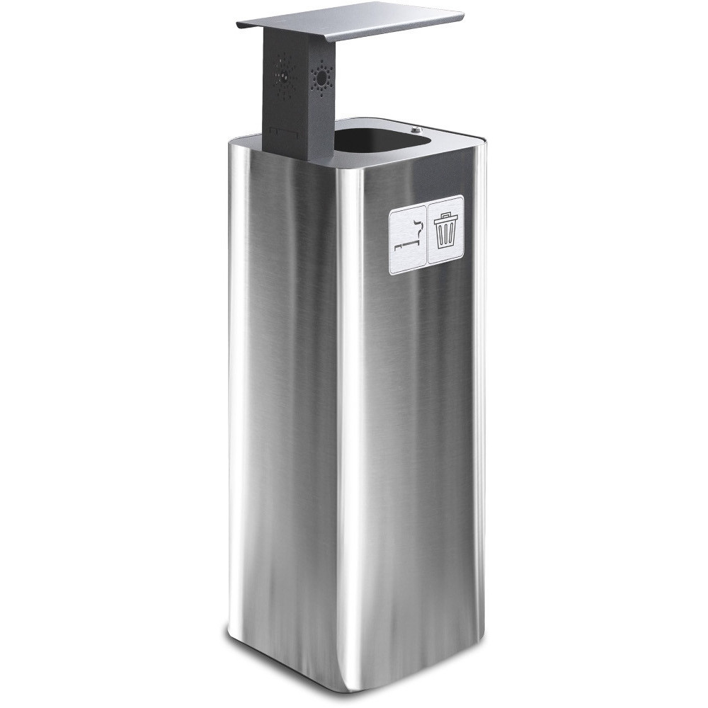 60L stainless steel bin with black ashtray for outdoor use.