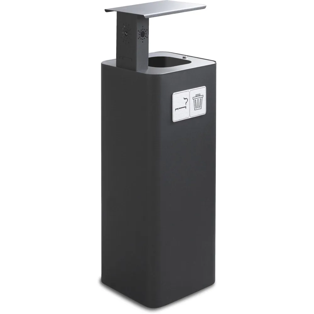 Schwarzer 60-Liter-Mülleimer mit Aschenbecher, ideal für den Außenbereich.