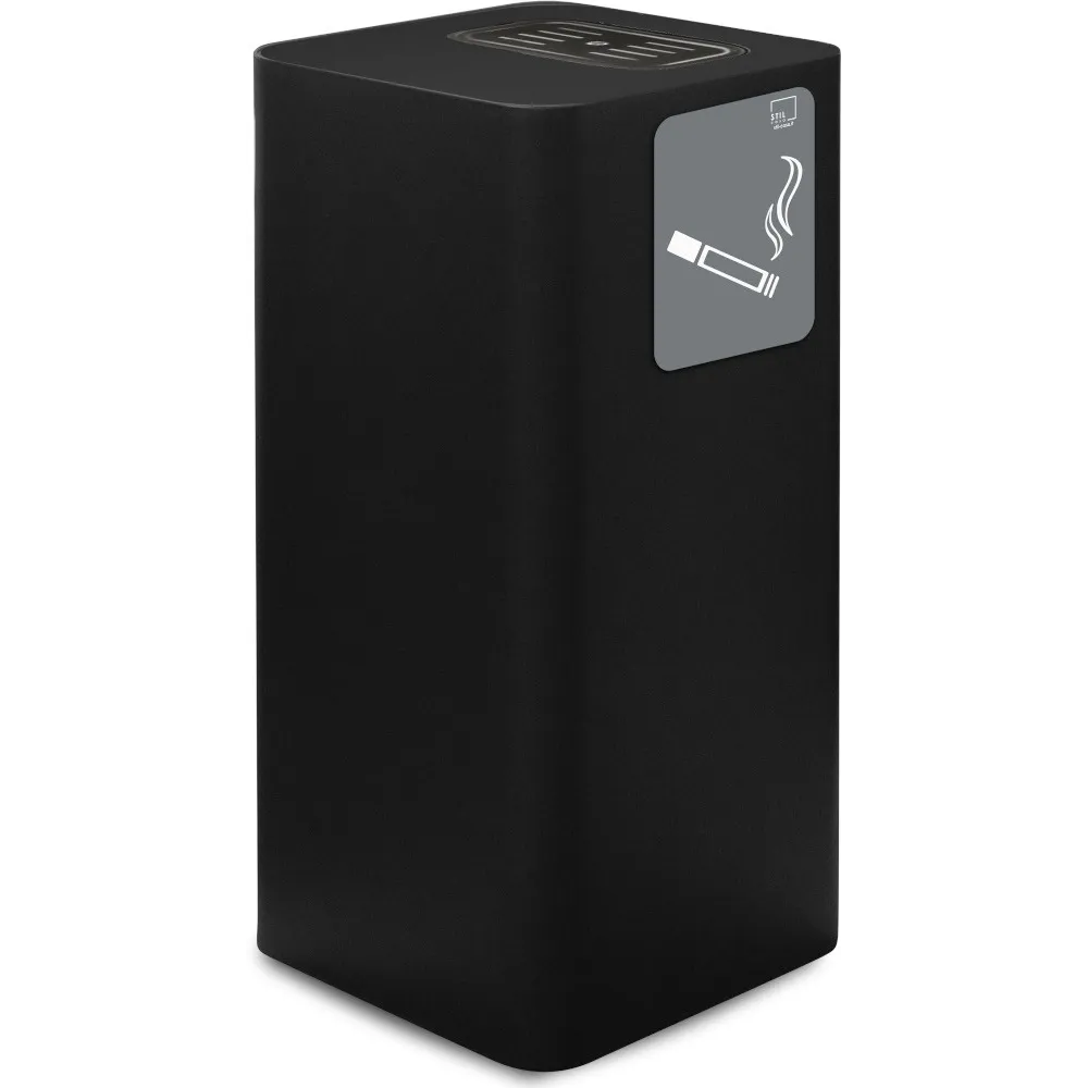 Black covered outdoor ashtray in steel, elegant and functional design.