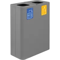 60-Liter-Abfallbehälter aus grauem Material mit zwei Sammelströmen und magnetischen Piktogrammen
