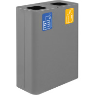 60-Liter-Abfallbehälter aus grauem Material mit zwei Sammelströmen und magnetischen Piktogrammen