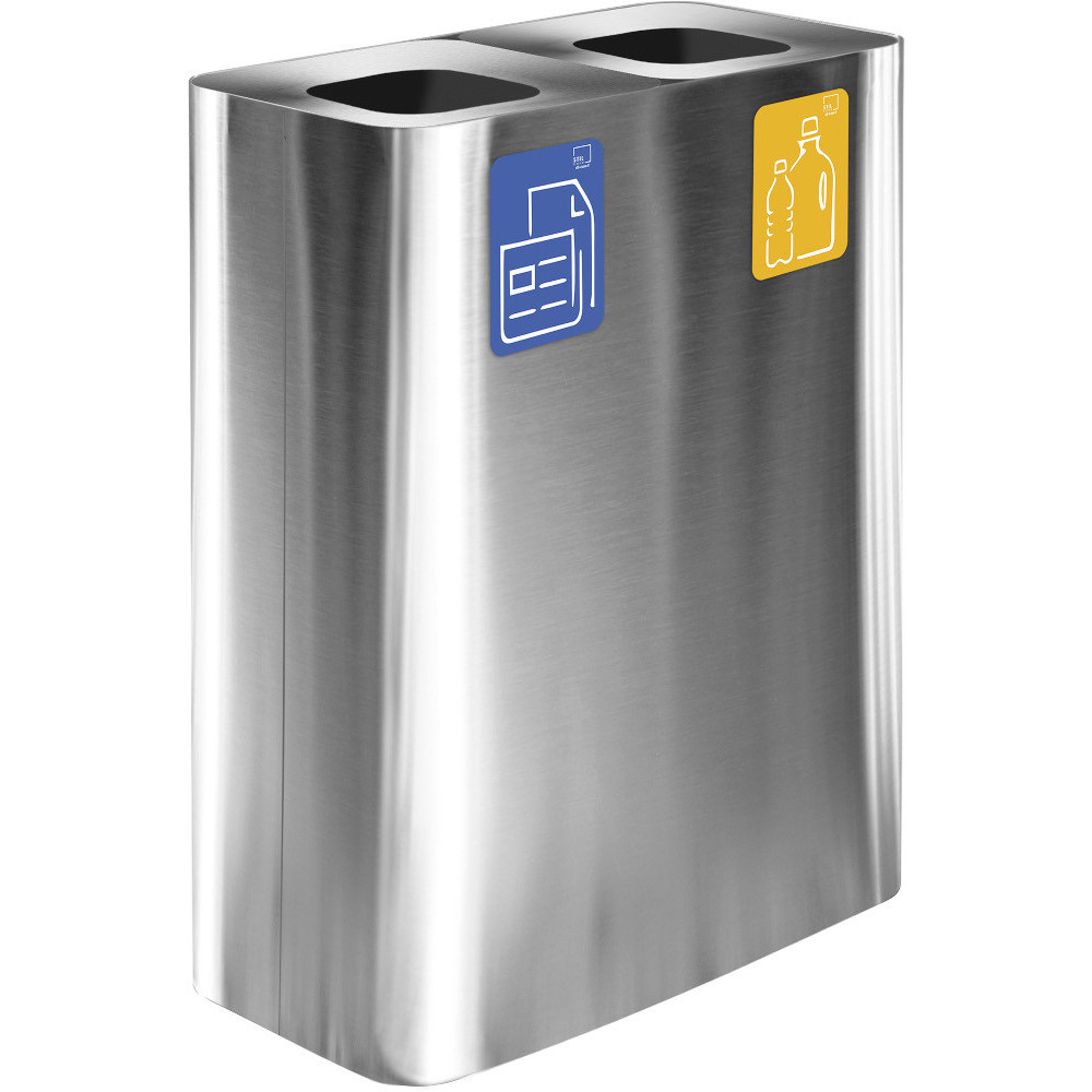 60-litre stainless steel dual-stream waste bin with magnetic pictograms