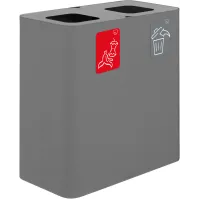 Grauer 100-Liter-Recyclingbehälter mit Piktogrammen, zwei getrennt nach Abfallarten.