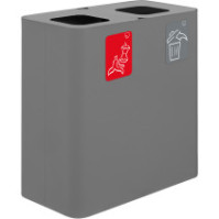 Grauer 100-Liter-Recyclingbehälter mit Piktogrammen, zwei getrennt nach Abfallarten.