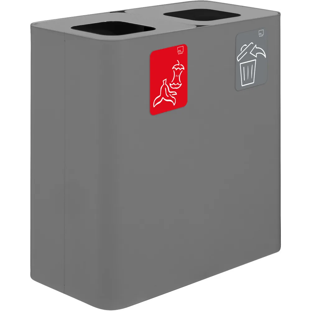 Grauer 100-Liter-Recyclingbehälter mit Piktogrammen, zwei getrennt nach Abfallarten.